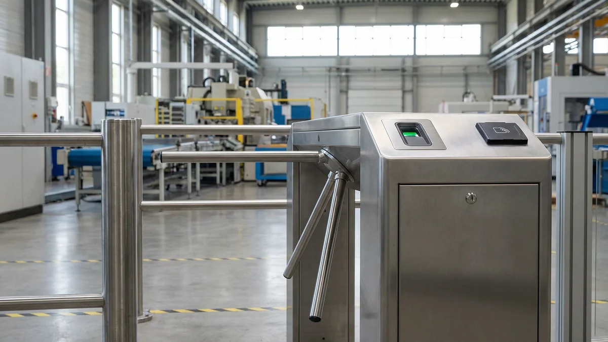 Molinete industrial con lector biométrico en fábrica