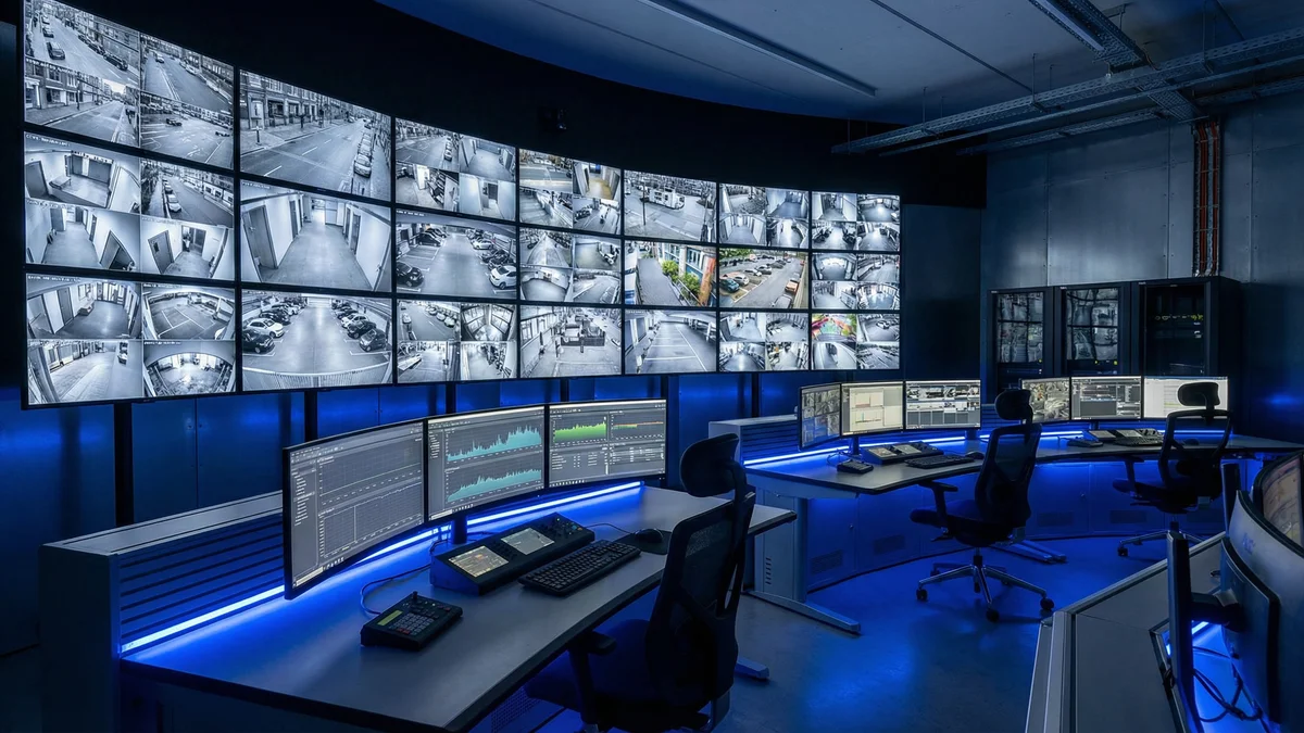Centro de control con videowall de múltiples cámaras industriales
