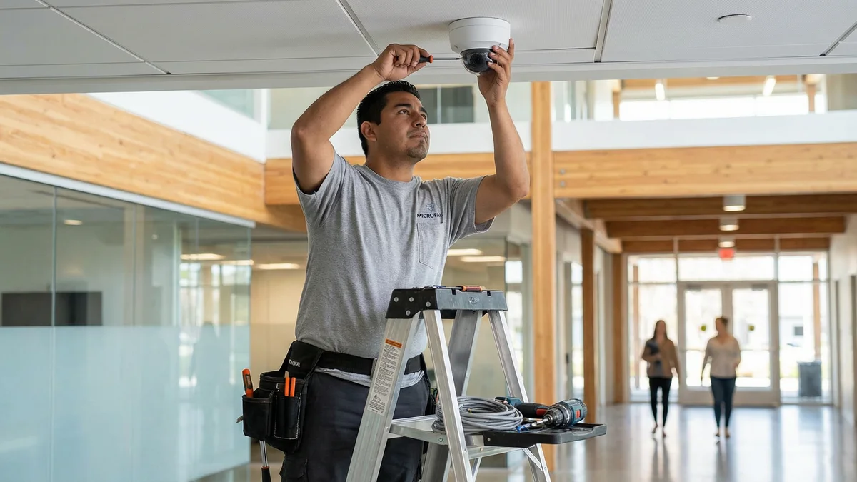 Técnico certificado Microfal instalando cámara de seguridad en techo