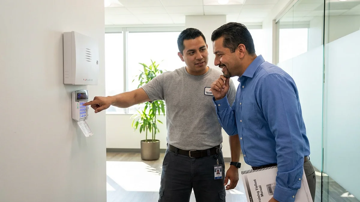 Cliente recibiendo capacitación de técnico Microfal sobre uso de alarma