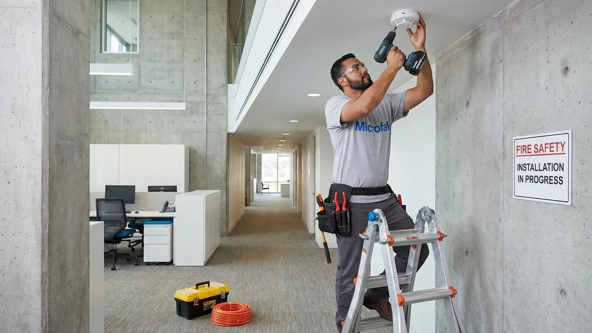 Técnico instalando detector