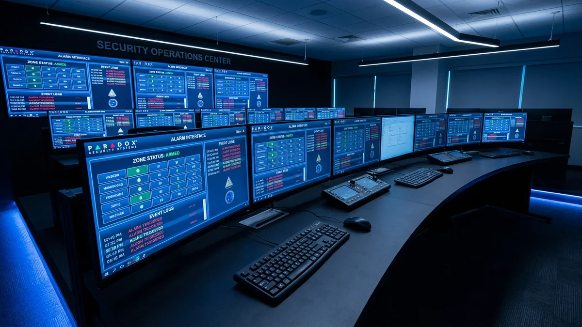 Sala de monitoreo centralizado con múltiples pantallas de alarma