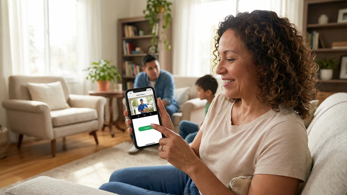 Familia usando app de videoportero desde smartphone