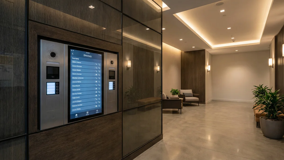 Panel de videoportería en lobby de edificio